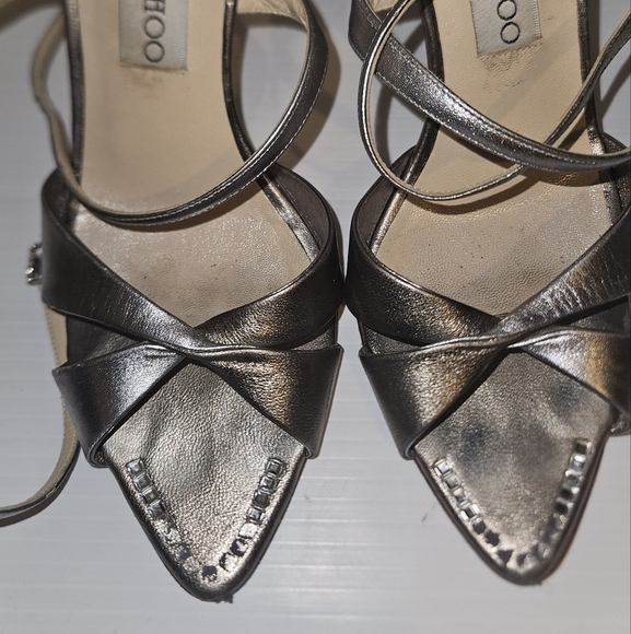 Jimmy Choo London Gray Silver Leather & Satin Crystal Evening Sandals Sz 37 - Picture 9 of 9